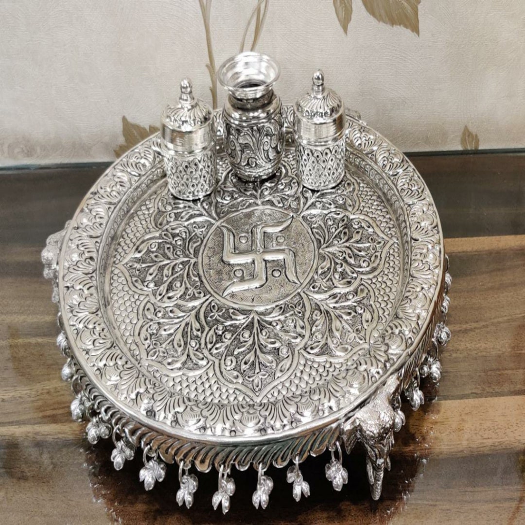 Hand Engraved German Silver Thali Set for Hindu Diety Worship - Etsy