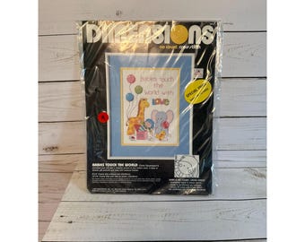 Dimensions Babies Touch The World No Count Cross Stitch Kit 9x12 Nursery Wall Hanging Baby Shower Gift 1988 Vintage Needlecraft NOS