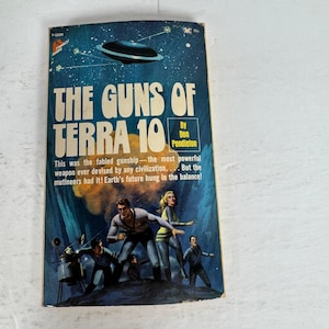 May include: Vintage paperback book cover for "The Guns of Terra 10" by Don Pendleton. The cover features a retro sci-fi illustration with a spaceship, figures in space suits, and the book's title in bold letters against a blue and green background.