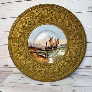 Antique Embossed Bronze Frame Fishing Boat Seascape Scene Maritime Decor 16&quot; Dia