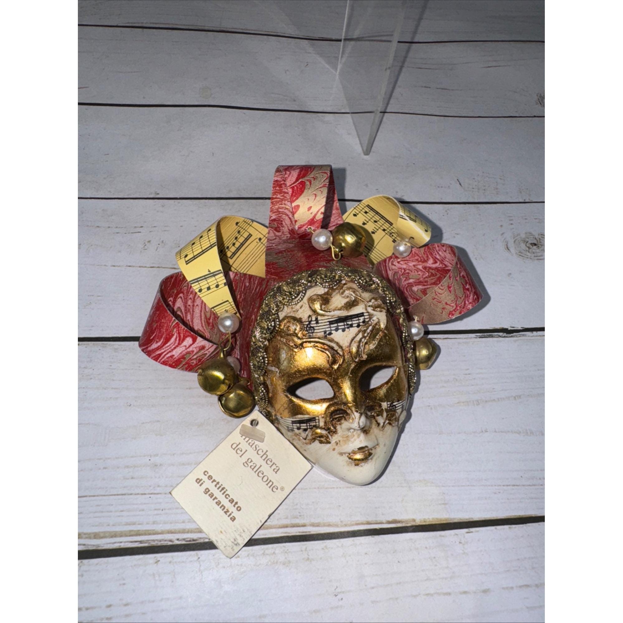 Venetian Jester Mask Maschera Del Galeone Italy Wall Art Bells Music Paper Vtg