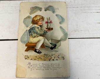 Antique 1910s Easter Postcard Girl with Bunny Glitter Accents Embossed Vintage