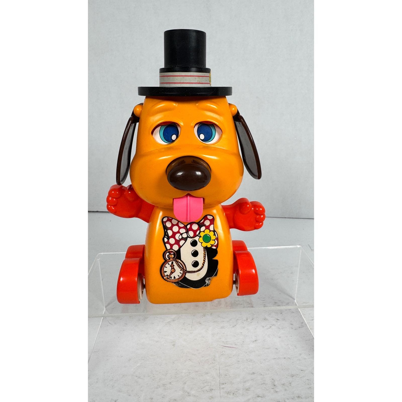 Tomy Doggone Dog Vintage 1970s Push Toy Clown Hat Rolling Dog