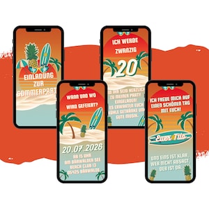 eCARD zomerfeestuitnodiging met palmbomen | Coole digitale WhatsApp Beach Party-kaart | Gepersonaliseerde geanimeerde telefoonkaart verjaardag