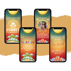eCARD Sommerparty Einladung Sonnenuntergang | Coole Digitale WhatsApp Strandpartykarte | Personalisierte Animierte Handykarte Geburtstag