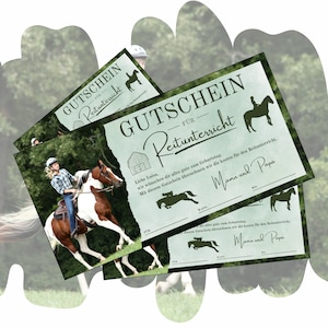 Gutschein für Reitstunden auf dem Pferd | Vorlage zum Ausdrucken | Reitunterricht als Geschenkidee zum Geburtstag | Urlaub Reiterhof