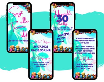 eCARD Birthday Invitation in Colorful Pink and Purple Design | Digital WhatsApp Invitations | Personalized Animated Mobile Birthday Card