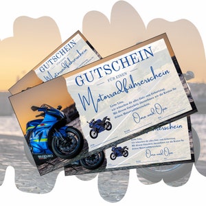Vale para el permiso de conducir de motocicleta | Plantilla de ciclomotor para imprimir | Cheque regalo para una escuela de conducción de dos ruedas | idea de regalo