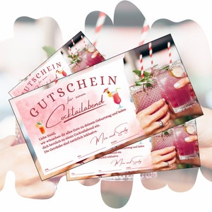 Voucher voor een cocktailavond | Afdrukbaar cocktailsjabloon | Idee voor verjaardagscadeau | Cadeaubon voor een cocktailbar