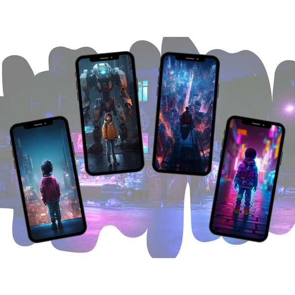 eCARD Neon Colors Cyberpunk City | WhatsApp Wallpaper Smartphone Mobile Phone Wallpaper | Child Cyborg Machine City Background | AI art