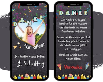 eCARD Danksagung Einschulung | Digitale Whatsapp Handykarte | 1. Schultag | Schulstartkarte | Danke Einschulung | Schuleinführung