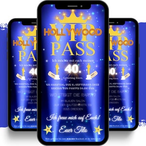 eCARD Hollywood Geburtstag Einladung | Digitale Whatsapp VIP Pass Einladungskarte | Geburtstagseinladung | Filmstars Mottoparty Karten