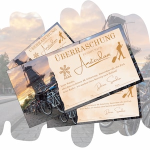 Vale Amsterdam para imprimir | Bono de viaje de vacaciones | Viaje a la ciudad de cumpleaños JGA | Idea de regalo para una escapada Holanda Países Bajos