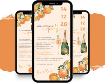 eCARD Geburtstagseinladung im Aperol Style | Digitale WhatsApp Einladungen | Moderne Personalisierte Animierte Handykarte Geburtstag