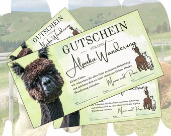 Certificado de regalo para una excursión con alpacas | Plantilla imprimible | Idea de regalo de cumpleaños | Tarjeta de regalo para una experiencia de senderismo con alpacas