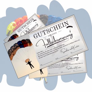 Modello di voucher per paracadutismo da stampare |  Buono regalo per un'esperienza avventurosa per un compleanno | Idea regalo per lancio con il paracadute