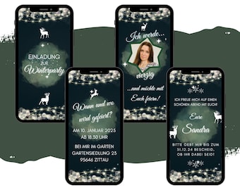 May include: Four smartphone screens with a winter party invitation. The invitation includes a photo of a woman, the date and time of the party, and the location. The screens are decorated with a festive winter theme, including reindeer, snowflakes, and twinkling lights.
