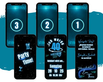 eCARD Neon Blau Geburtstags Party Einladung | Digitale Whatsapp Geburtstagseinladung | Personalisierte Animierte Handykarte Neonparty