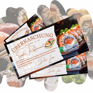 Voucher na posiłek sushi | Szablon do druku | Pomysł na prezent urodzinowy | Kupon upominkowy na kolację w barze sushi do zaprojektowania