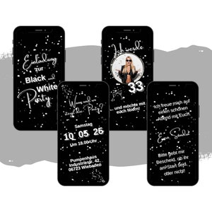 eCARD Black and White Einladungskarte | Digitale WhatsApp Mottoparty Geburtstagskarte | Schwarz Weiss Geburtstagseinladung | Geburtstag