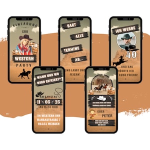 eCARD Western Party Einladung | Digitale WhatsApp Mottoparty Einladungskarte | Moderne Geburtstagseinladung Cowboy | Country Handykarte