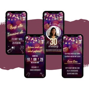 May include: A collection of five smartphones displaying invitation designs. The designs feature text in German, including phrases like "Sagt alle Termine ab..." and "Ich werde 30 dreißig." The backgrounds are decorated with string lights and champagne bottle illustrations.