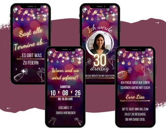 May include: A collection of five smartphones displaying invitation designs. The designs feature text in German, including phrases like "Sagt alle Termine ab..." and "Ich werde 30 dreißig." The backgrounds are decorated with string lights and champagne bottle illustrations.