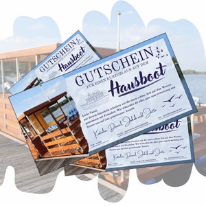 Gutschein für ein Hausboot zum Ausdrucken | Geschenkidee Bootstour | Vorlage für Kurzurlaub auf dem Wasser | Geschenkgutschein für ein Boot