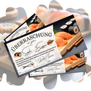 Voucher voor een sushimaaltijd | Afdrukbare sjabloon | Idee voor verjaardagscadeau | Diner sushi bar cadeaubon om te ontwerpen