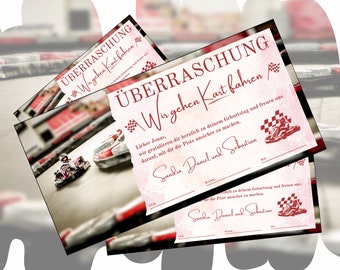 Gutschein für eine Go Kart fahrt zum Ausdrucken | Rennbahn Geschenkgutschein Geburtstag | Gutscheinvorlage Kartbahn | Geschenkidee Mann