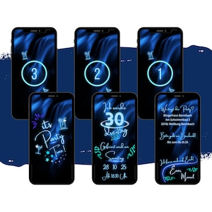 eCARD Neon Blau Geburtstags Party Einladung | Digitale Whatsapp Handy Geburtstagseinladung | Personalisierte Animierte Mottoparty Karten