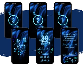 eCARD Neon Blau Geburtstags Party Einladung | Digitale Whatsapp Handy Geburtstagseinladung | Personalisierte Animierte Mottoparty Karten
