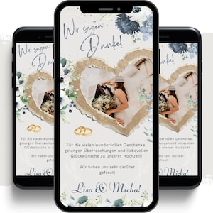 eCARD Danksagung Hochzeit Thank you Card digitale Whatsapp Instagram Facebook Email Dankeskarte Hochzeit mit Foto Animierte Hochzeit Bild 1