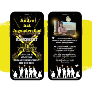eCARD uitnodiging Star Wars jeugdinwijding | Digitale WhatsApp-bevestigingskaart | Geanimeerde uitnodigingskaarten voor jeugdfeesten en jeugdfestivals