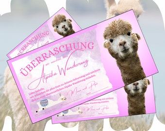 Certificado de regalo para una excursión con alpacas | Plantilla imprimible | Idea de regalo de cumpleaños | Tarjeta de regalo para una experiencia de senderismo con alpacas