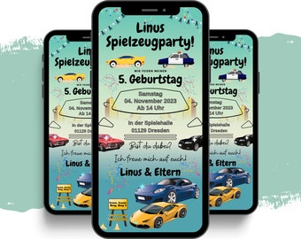 Spielzeugparty Einladung digital - WhatsApp Kindergeburtstag Einladung - Auto Party eCARD - Geburtstag Karte - Einladung Kindergeburtstag