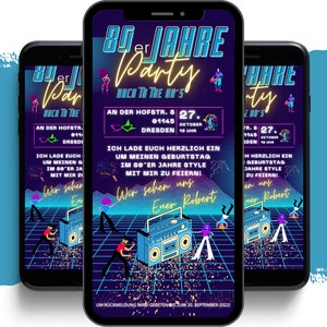 Invitation à une fête eCARD des années 80 | invitations numériques à la célébration des années 80 Whatsapp | invitation d’anniversaire numérique années 80 | Soirée à thème rétro