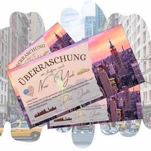 Bon pour un voyage à New York USA | Bon de voyage vacances anniversaire city trip | Idée cadeau voyage en avion courtes vacances Big Apple