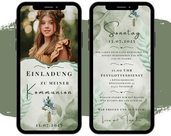 May include: A digital invitation for a Communion celebration. The invitation features a photo of a young girl, a cross with blue flowers, and the text "Einladung zu meiner Kommunion" (Invitation to my Communion) and "13.07.2025". The invitation also includes details about the Communion service, including the time, church, and address. The text "Wir freuen uns auf euch!" (We look forward to seeing you!) is also included.