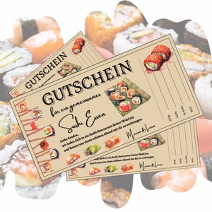 Bon pour un repas de sushi | Modèle de chèque cadeau à imprimer | Carte de bons d'achat pour bar à sushi | Idée cadeau restaurant anniversaire