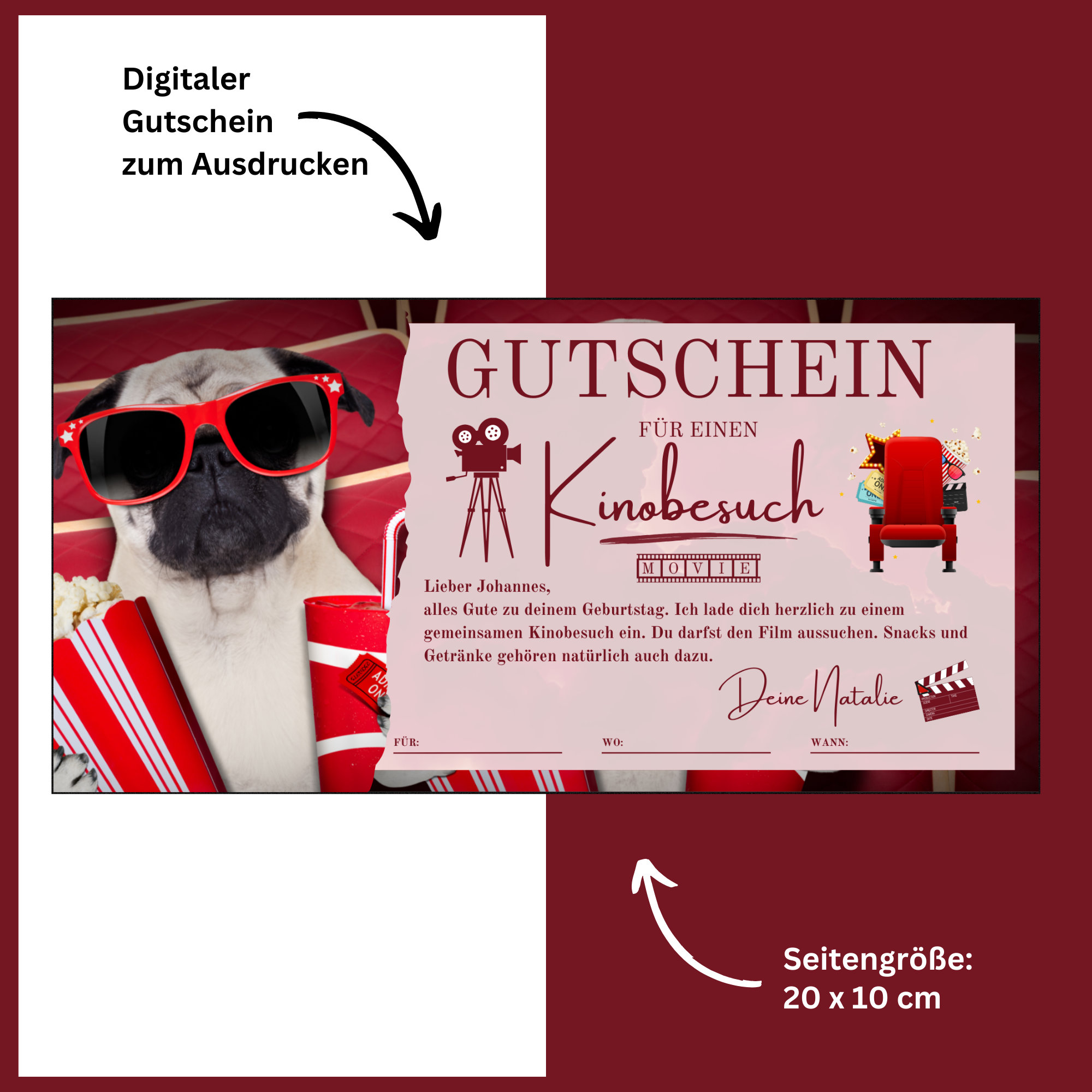 Gutschein Vorlage für einen Kinobesuch | Geschenkgutschein Kino zum  Ausdrucken | Geschenkidee Kinogutschein Besuch zum selber gestalten -  Etsy.de