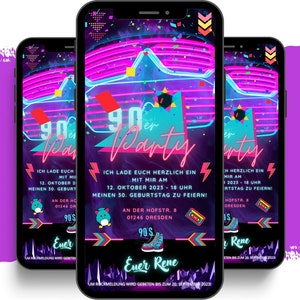 eCARD 90er Jahreparty Einladung | digitale Whatsapp 90er Feier Einladungen | digitale Geburtstagseinladung 90er Jahre | Retro Mottoparty
