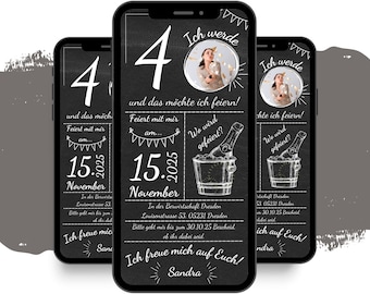 eCARD birthday invitation in dark chalkboard style | Digital WhatsApp invitations | Modern personalized animated mobile card birthday
