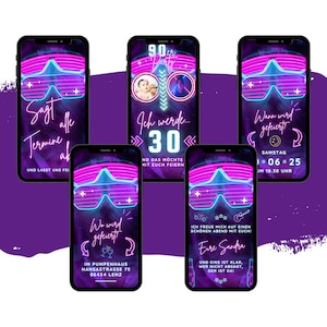 eCARD Neonparty Einladung 90er 80er Jahre Style | Digitale WhatsApp Handykarte | Retro Neon Geburtstagseinladung | Lila Mottoparty Karte
