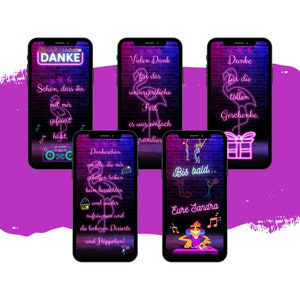 eCARD Danksagung Geburtstag Neonparty | Digitale Whatsapp Grußkarte Mottoparty | Personalisierte Animierte Danksagungskarten | Handykarte