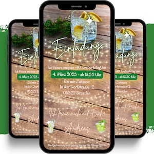 Convite de aniversário eCARD para 20, 30, 40 e 50 anos | Cartão tônico do cocktail da gim de Digitas Whatsapp de <br> Entrega Rápida? Cartões de convite personalizados