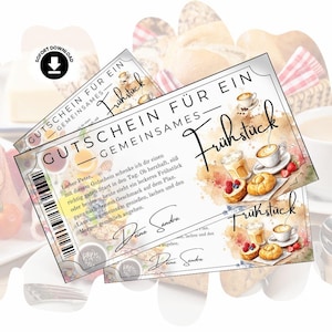 Könnte beinhalten: Ein rechteckiger Gutschein für ein gemeinsames Frühstück mit Aquarellillustrationen von Kaffee, Gebäck und Beeren. Der Text lautet GUTSCHEIN FÜR EIN GEMEINSAMES FRÜHSTÜCK, mit einem Strichcode auf der linken Seite und Platz für eine Nachricht und Unterschrift.