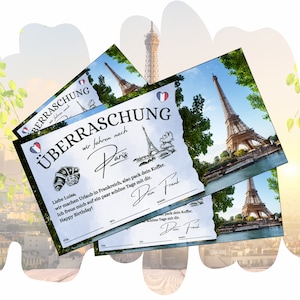 Voucher for a trip to Paris to print out | Holiday travel voucher birthday | Gift idea short break to France