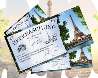 May include: A surprise trip to Paris! A colourful card with a picture of the Eiffel Tower and the text "Überraschung wir fahren nach Paris" in German. The card also includes a croissant and the text "Liebe Luisa, wir machen Urlaub in Frankreich, also pack dein Koffer. Ich freue mich auf ein paar schöne Tage mit dir. Happy Birthday!"