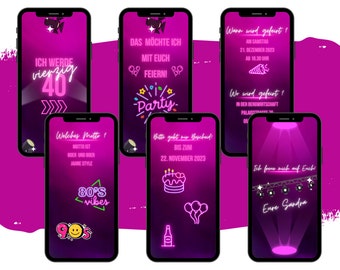 eCARD Geburtstags Neon Party Einladung | Digitale Whatsapp Mottoparty Geburtstagseinladung | Animierte 80er und 90er Motto Einladungskarten